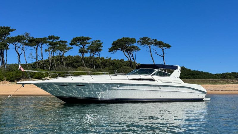 Side view of a white Sea Ray Sundancer 44 yacht anchored near a sandy beach
